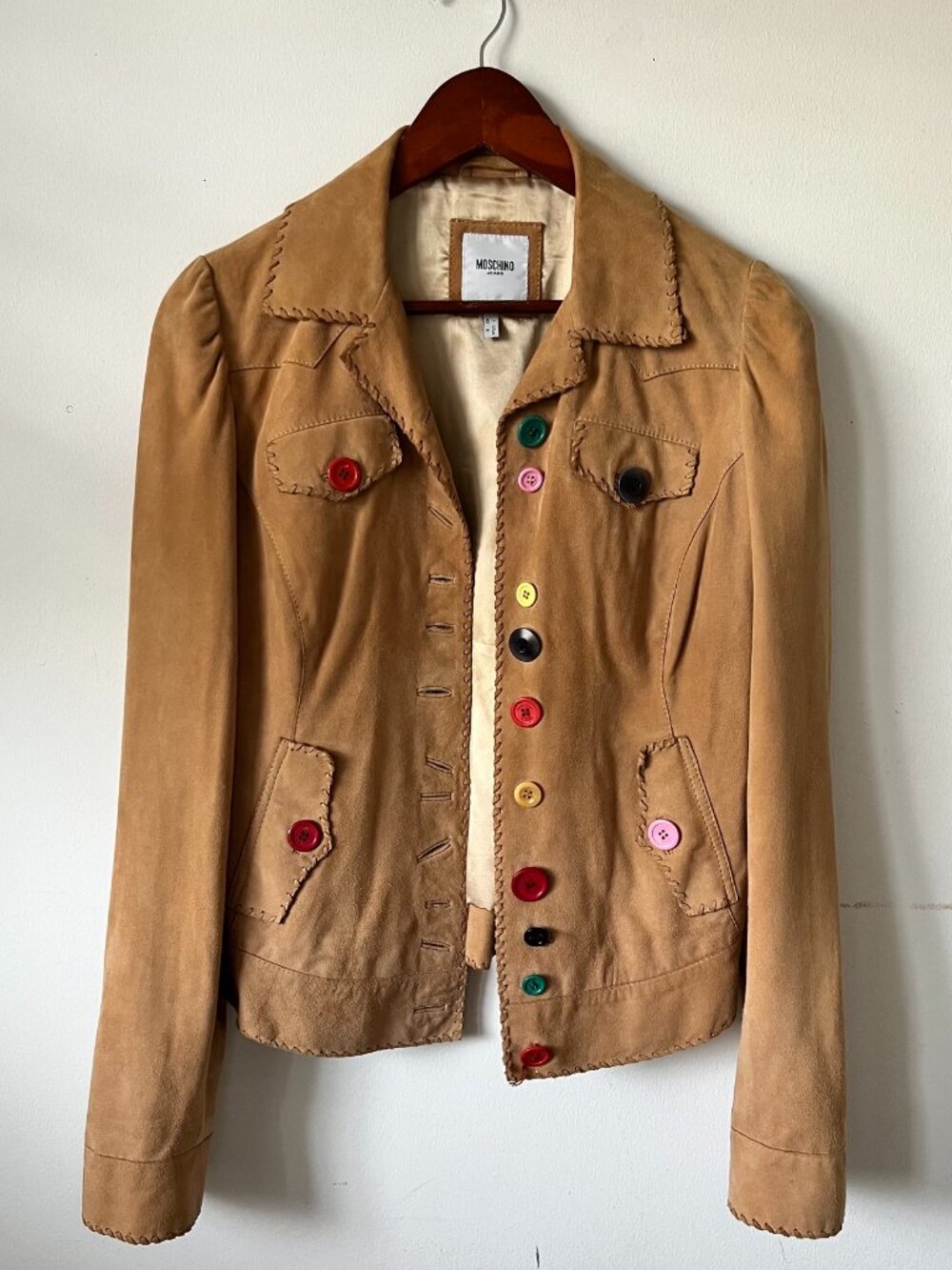 Moschino Camel Tan Suede Leather Jacket w/ multi colored buttons Small/Medium